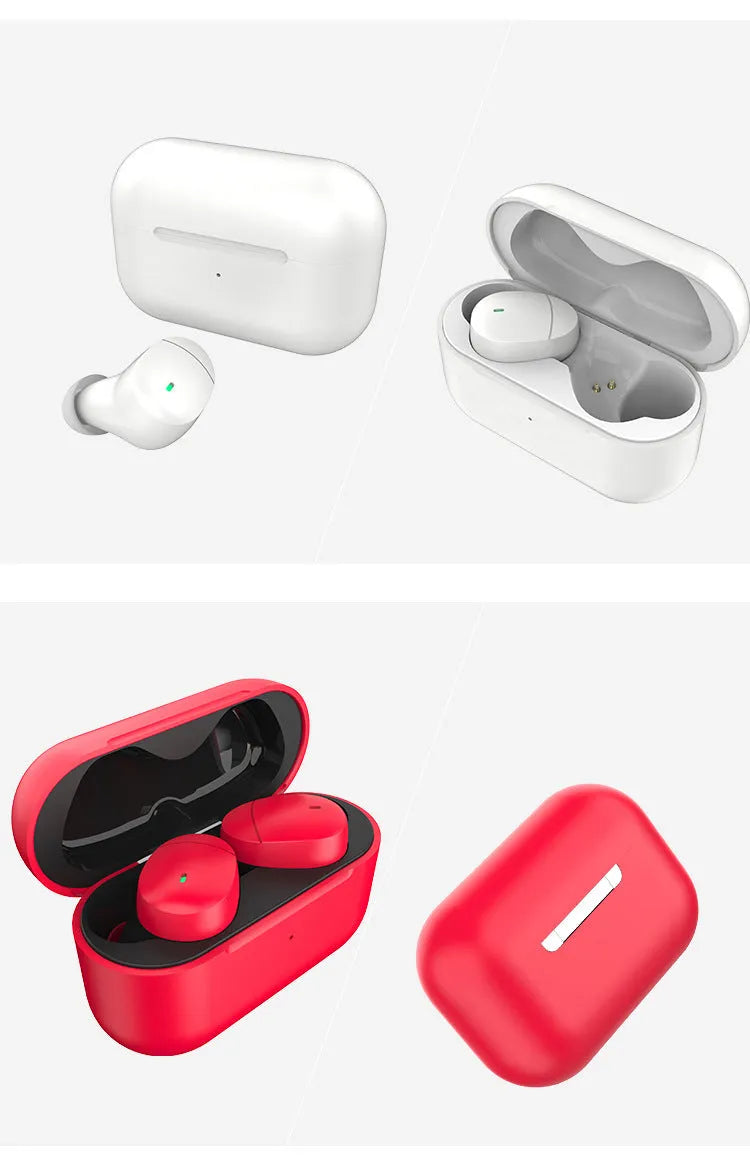 Flame red Qualcomm TWS 3040 wireless Bluetooth earbuds with charging case.