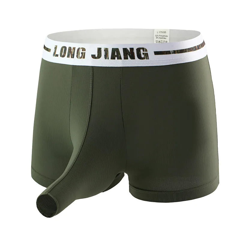 Men's ice silk trunk open boxer shorts in multiple solid colours showing mid waist fit.