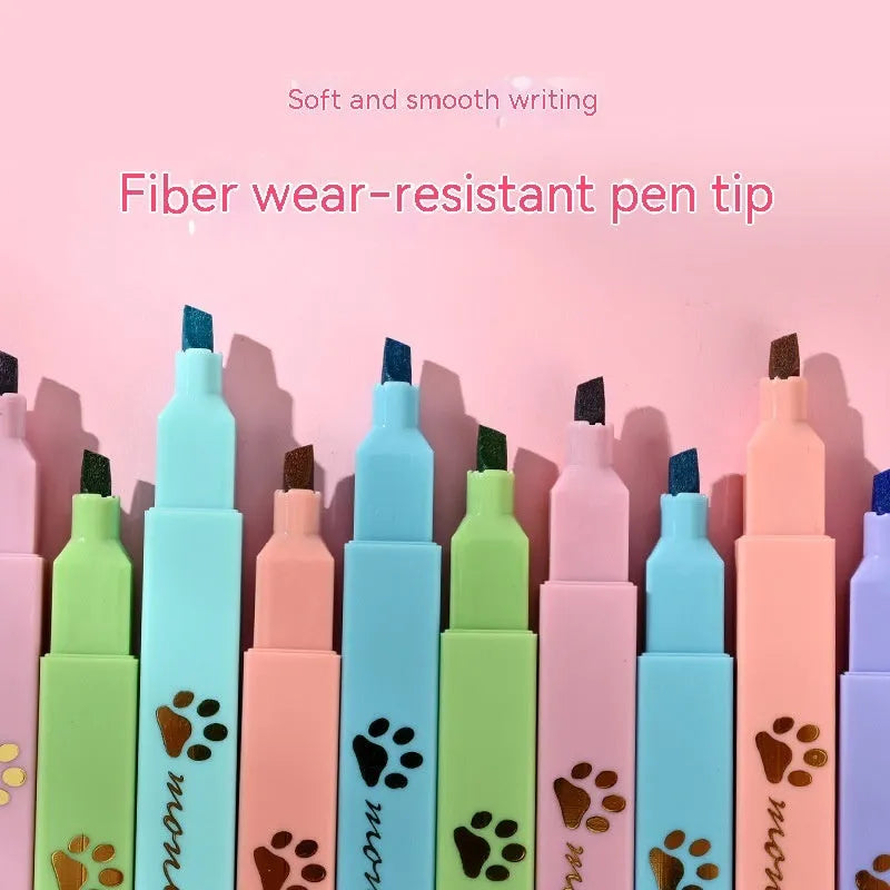 Cat's Paw brand set of six fluorescent marking pens with oblique heads in a gift box.