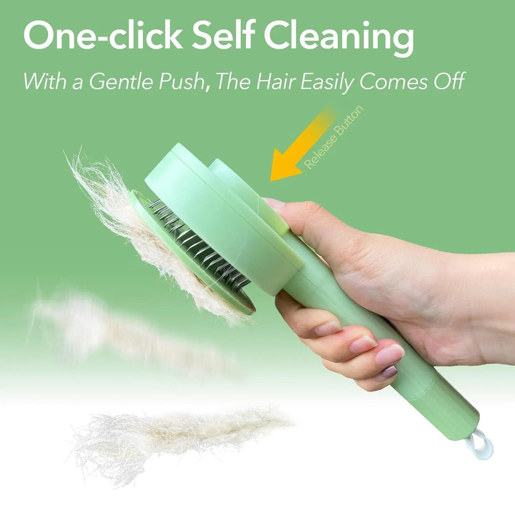 Green and yellow pet grooming brush with stainless steel teeth and hanging loop