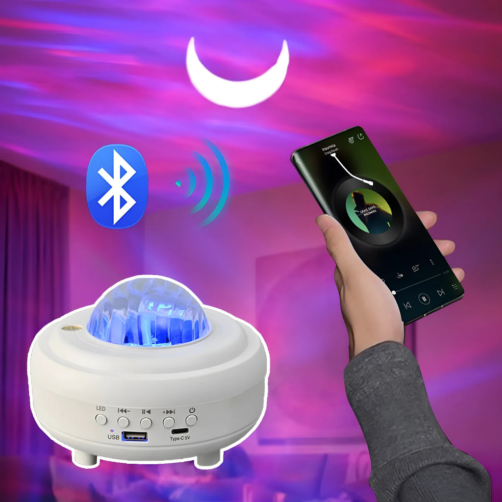 White Bluetooth star projector night light displaying starry sky projection patterns on ceiling