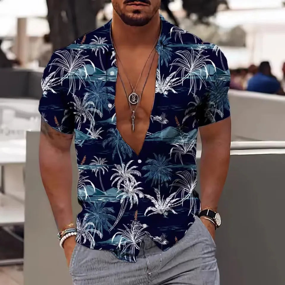 Men's loose-fit floral print short sleeve beach shirt in a colour from the available range.