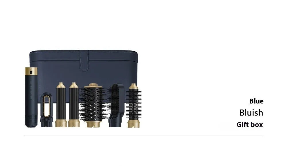 Dark blue and white 6-in-1 electric hot air comb with leather case for hair styling.