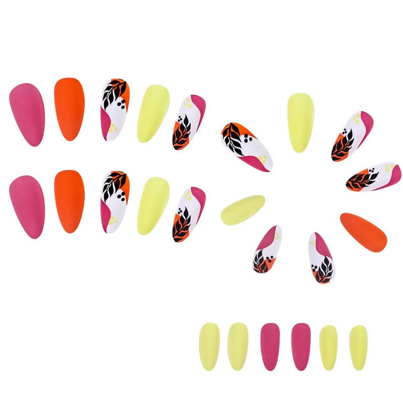 Wear Armour frosted finish nail stickers in medium almond shape showing four designs: French leaves, colourful plating, macarons, and leopard print.
