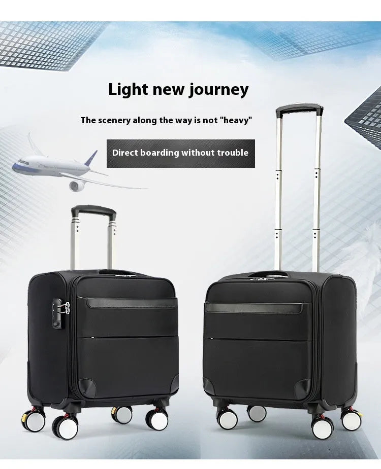 Black 18-inch Oxford cloth carry-on suitcase with wheels and pull handle for business travel.