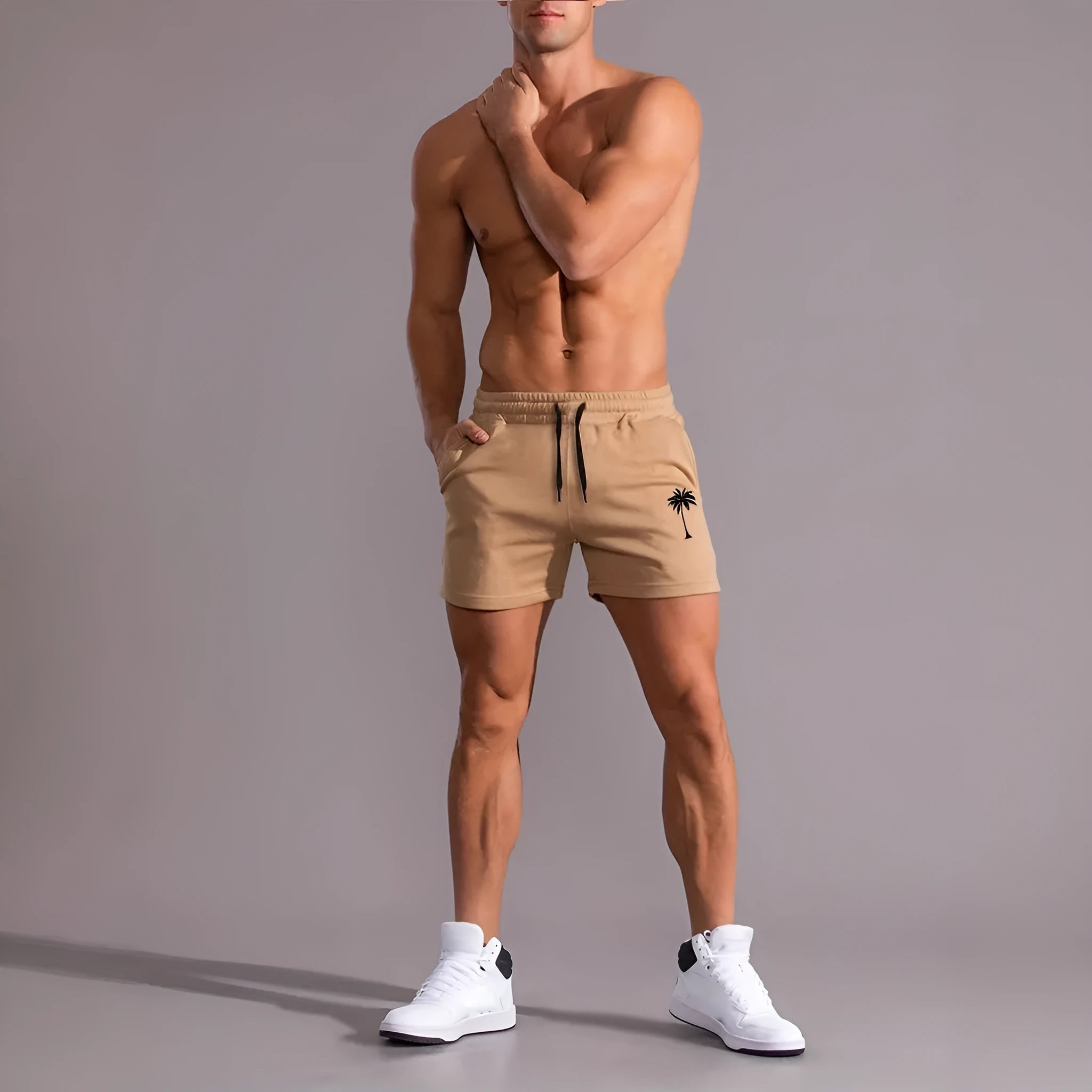 Men's khaki coconut printed sports shorts with straight leg design and micro elastic fabric