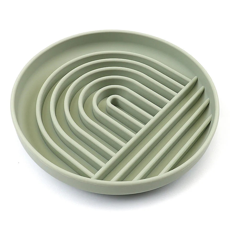 Silicone slow feeder dog bowl with ridges, shown in beige colour, 19cm diameter