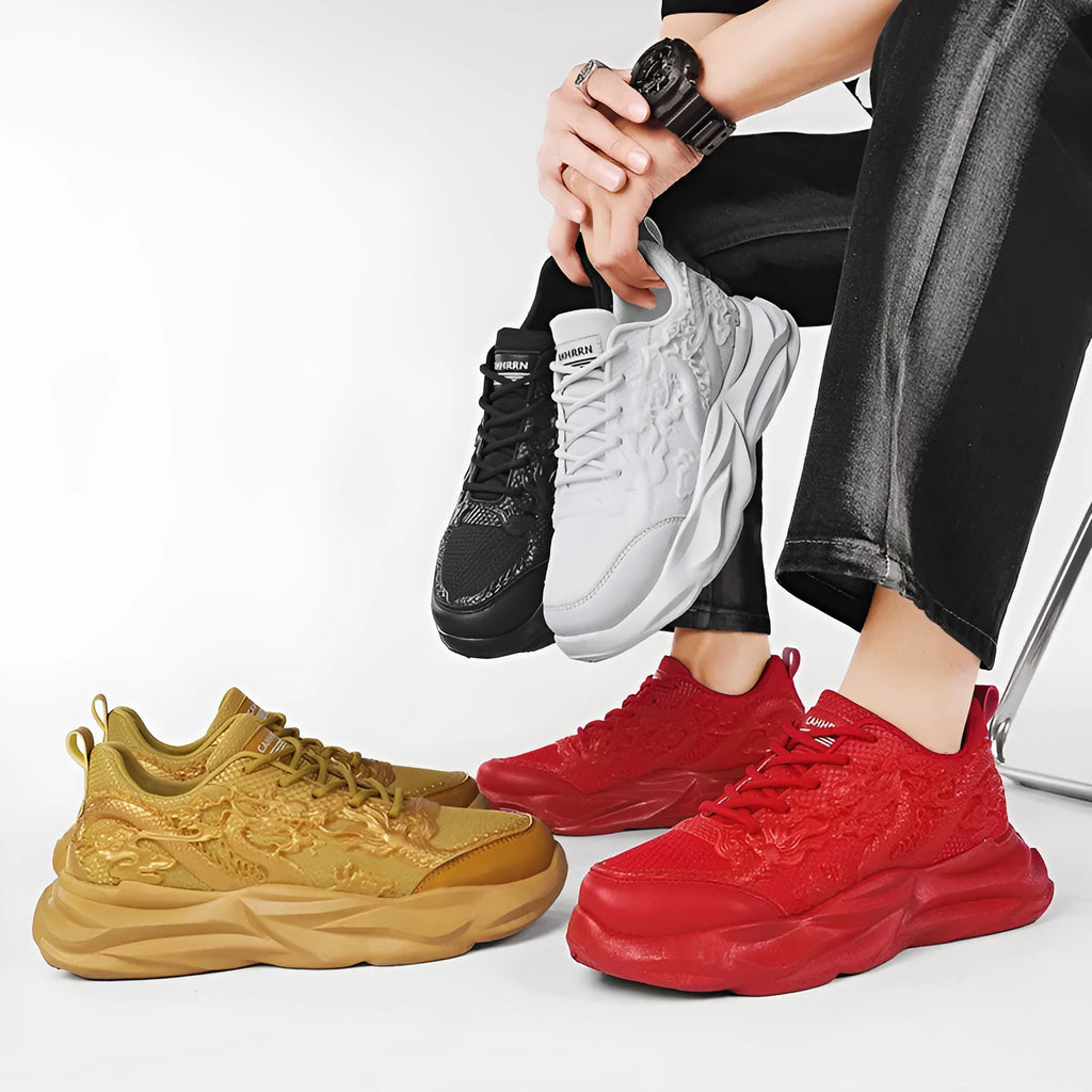 Casual Fly Knit sneakers in Chinese Dragon colour with rubber sole.