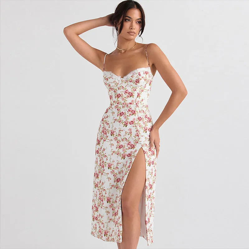 Women's long blue dress with lace flowers print, side slit, and thin spaghetti straps