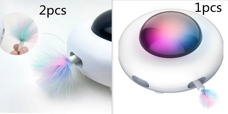 White UFO electric cat turntable toy with feather accessories on floor