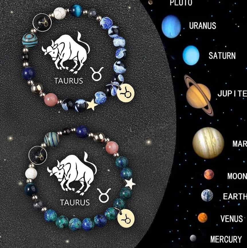 Two natural stone beaded bracelets displaying zodiac symbols on a textured background.