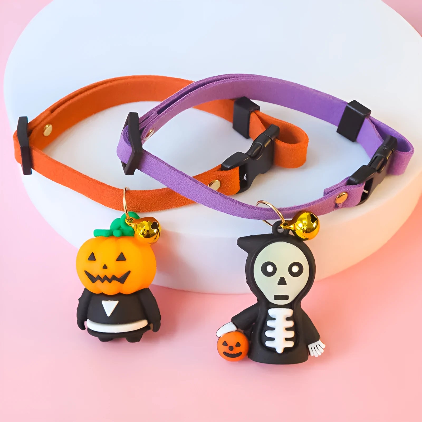 Halloween pet collar decoration showing pumpkin man, luminous brat, and luminous skull cartoon patterns on polyester collar