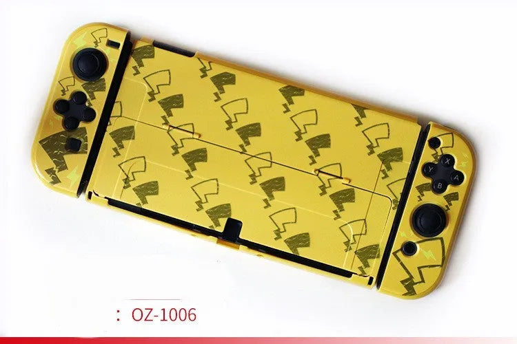 Nintendo Switch OLED hard protective case with cartoon pattern design showing front and back views