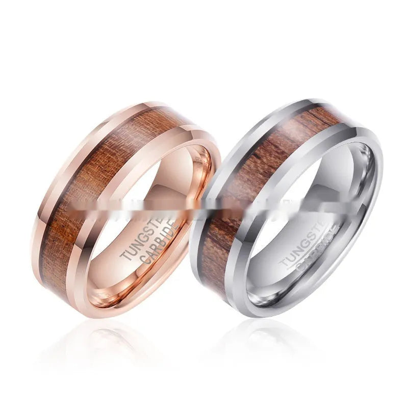 Ugyen tungsten ring showing U-shaped cross-section, 8mm wide band, in rose gold finish.