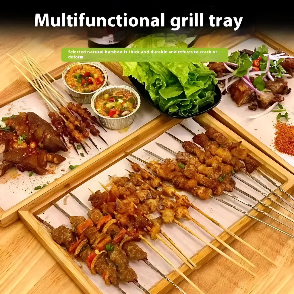 Square bamboo barbecue serving tray with brown handle in solid colour