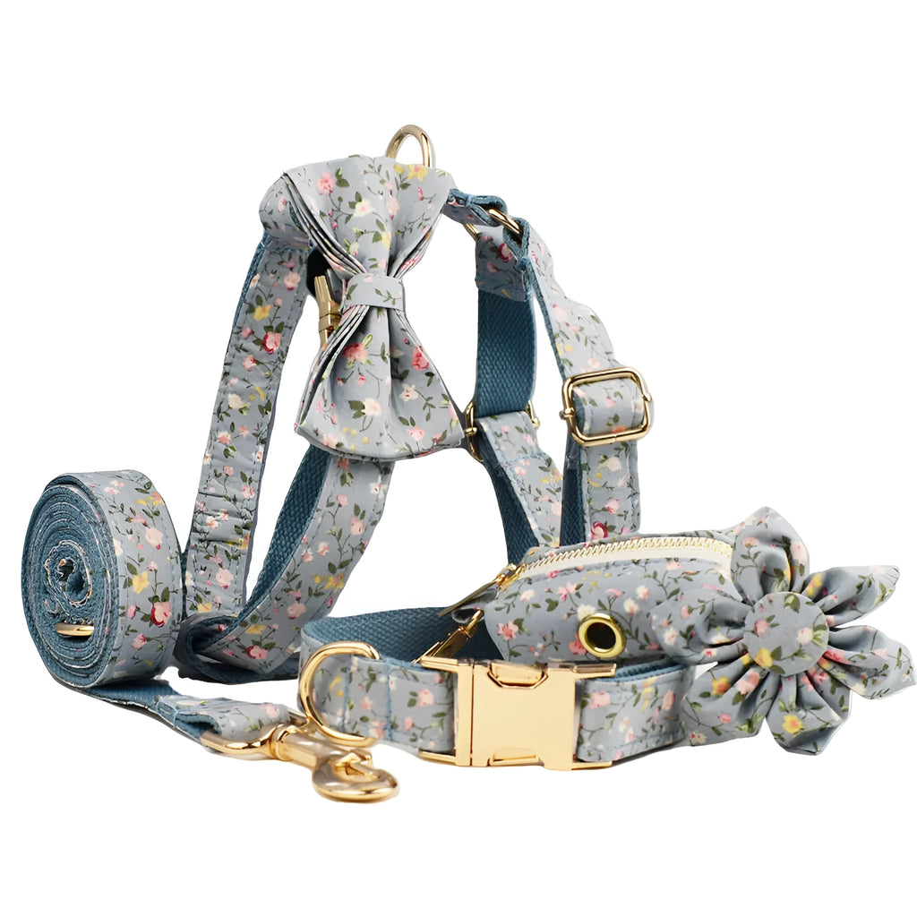 Dog collar set with floral polyester cotton bow attachment in five sizes