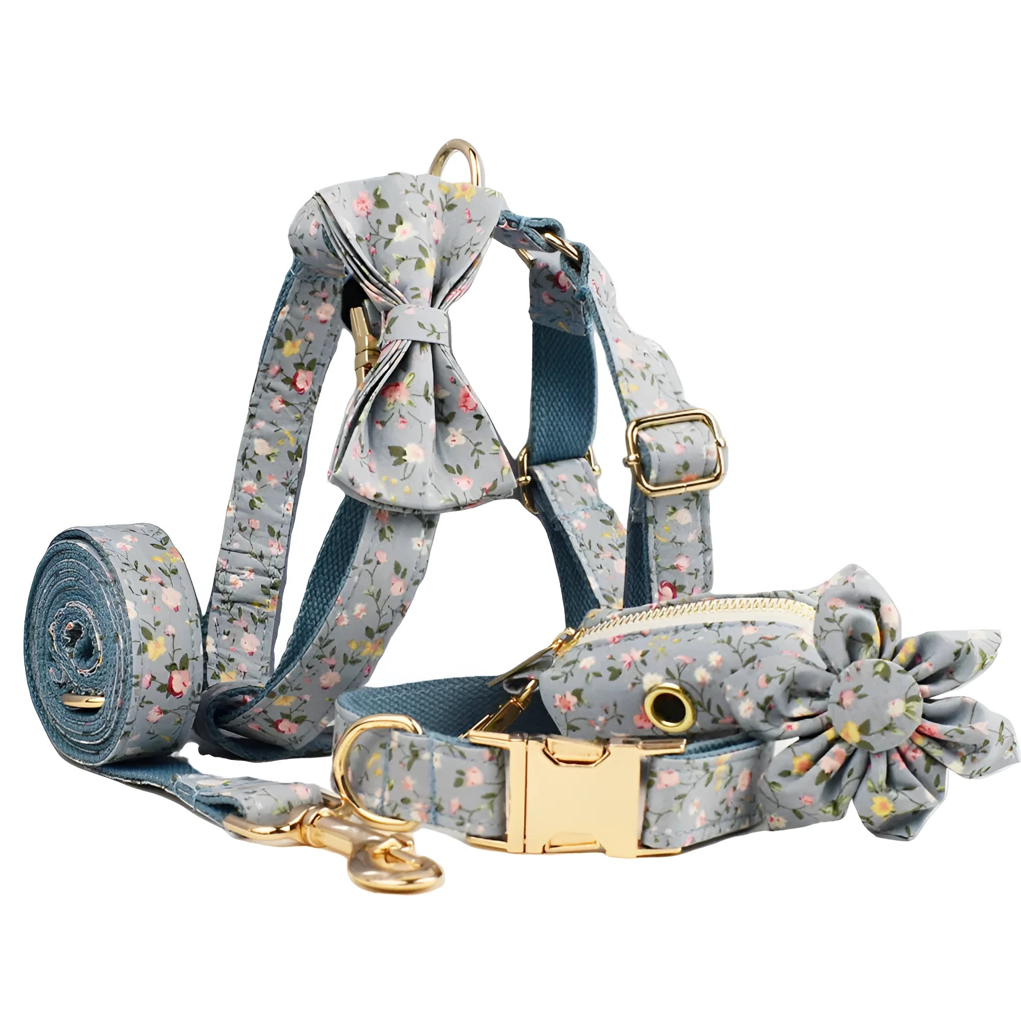 Dog collar set with floral polyester cotton bow attachment in five sizes