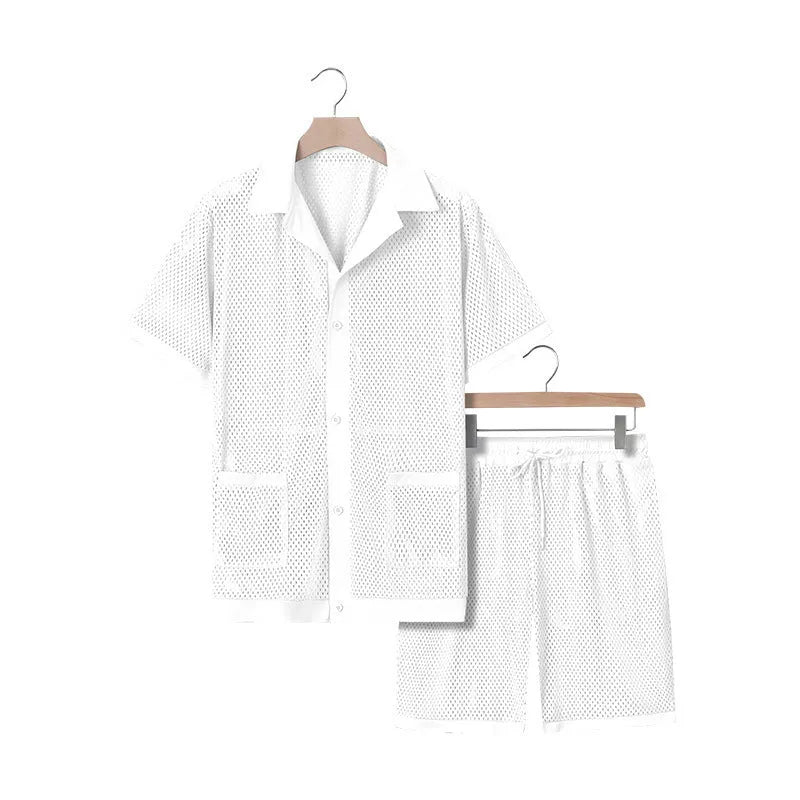 Lake blue see-through beach dress with matching cardigan and shorts set on a model.