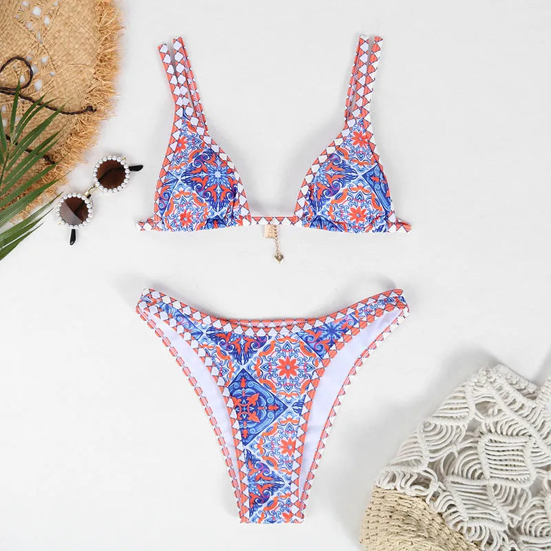 Retro patterned women's bikini swimwear in polyester fabric with four colour options