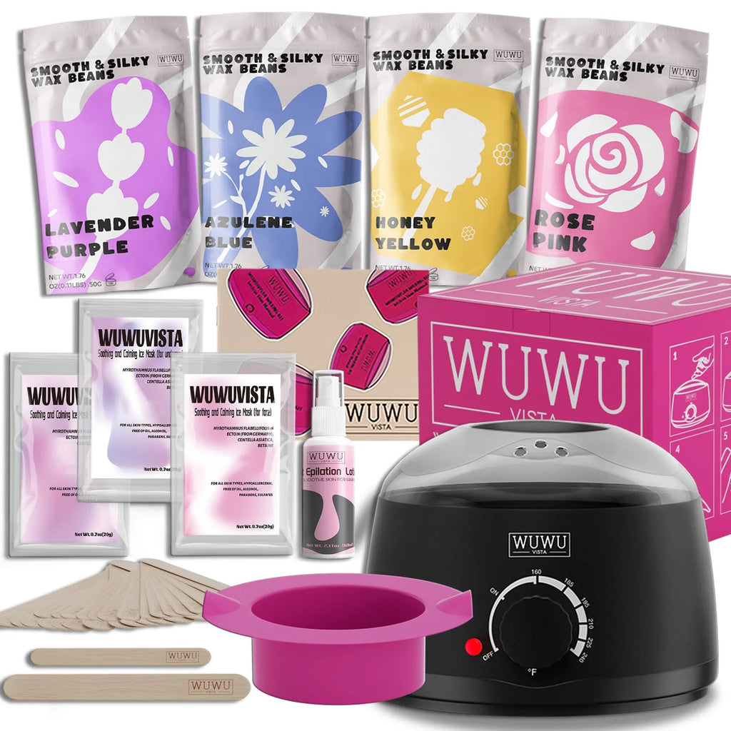 29 piece hard wax hair removal kit with black wax warmer, four wax bean colours, wax sticks and aftercare products
