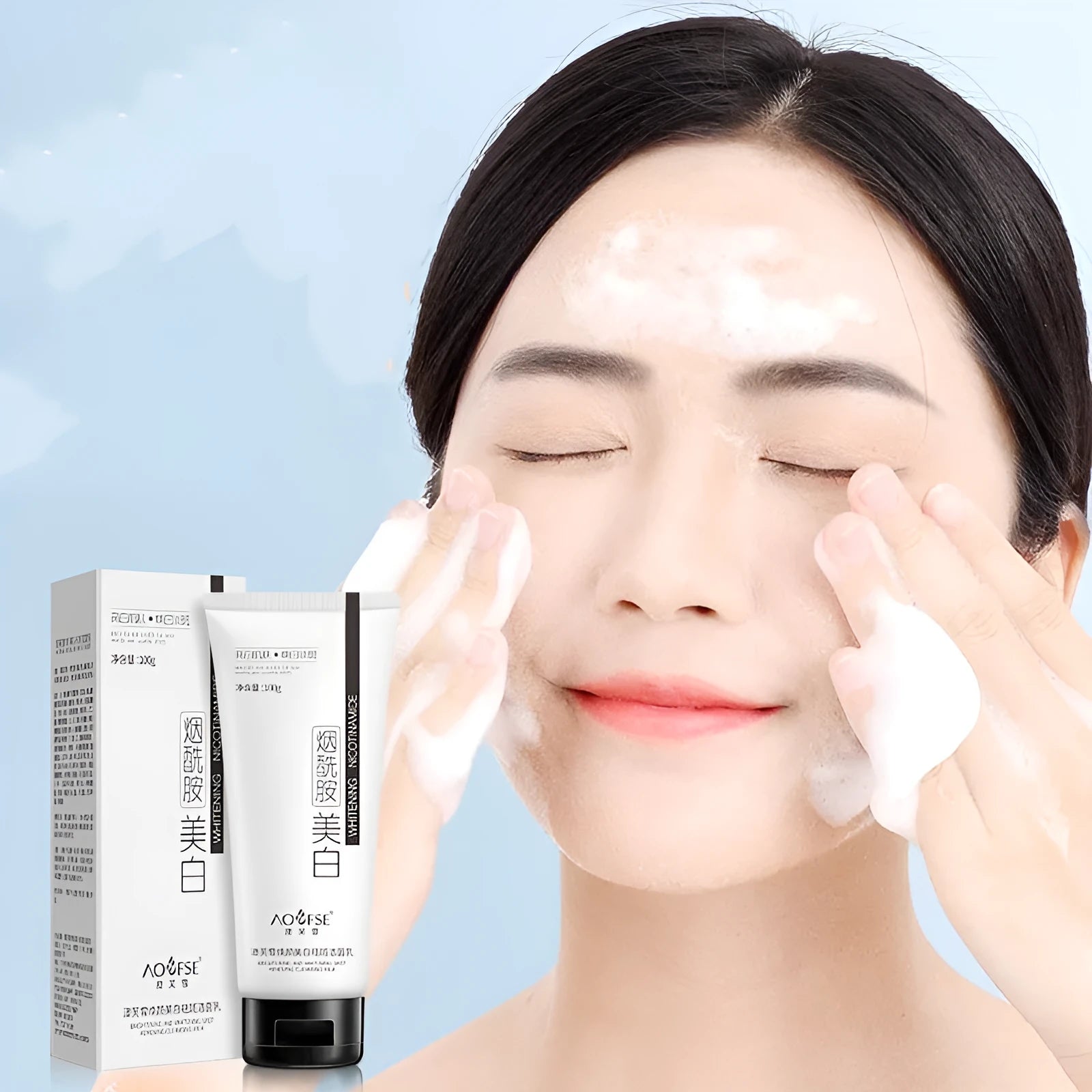 White tube of whitening freckle removing facial cleanser with 100ml net content