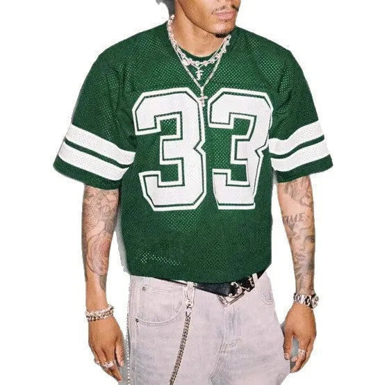 Men's mesh sports jersey in cartoon print with short sleeves and round neck in one of five colour options