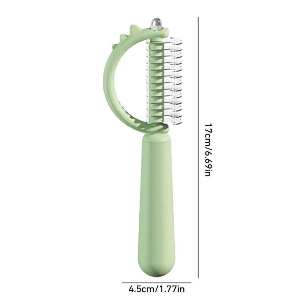 Dinosaur-shaped self-cleaning cat brush with stainless steel bristles in blue, green or white