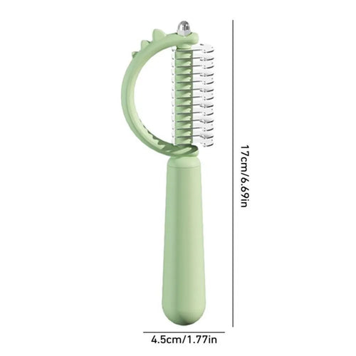 Dinosaur-shaped self-cleaning cat brush with stainless steel bristles in blue, green or white