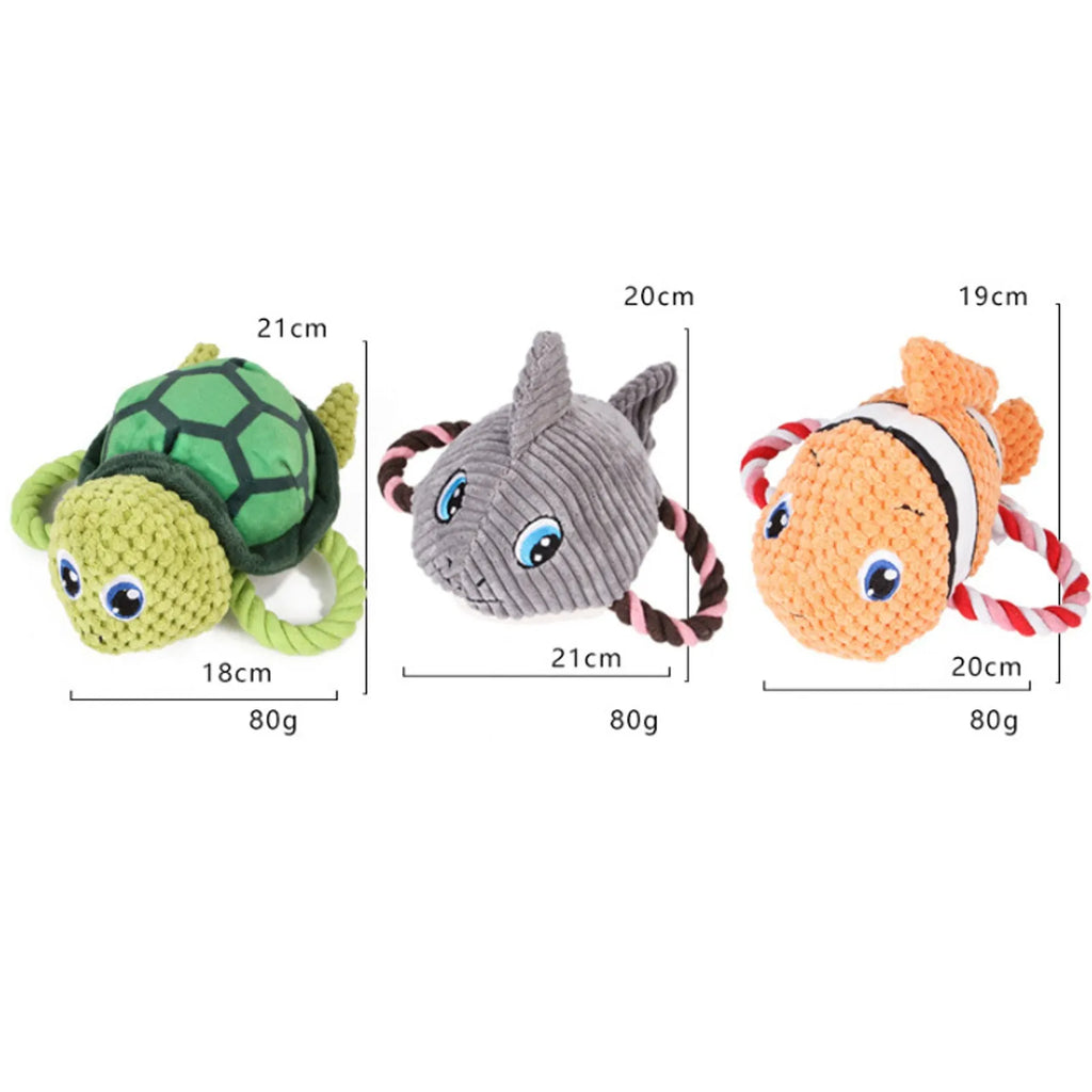 Turtle shaped dog chewing toy with knotted rope centre in grey green or orange colours