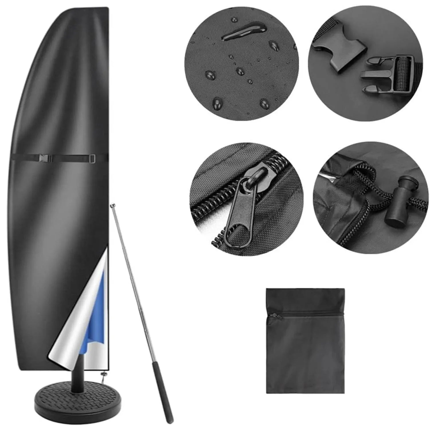Grey waterproof Oxford cloth cover for a banana-shaped offset patio umbrella.