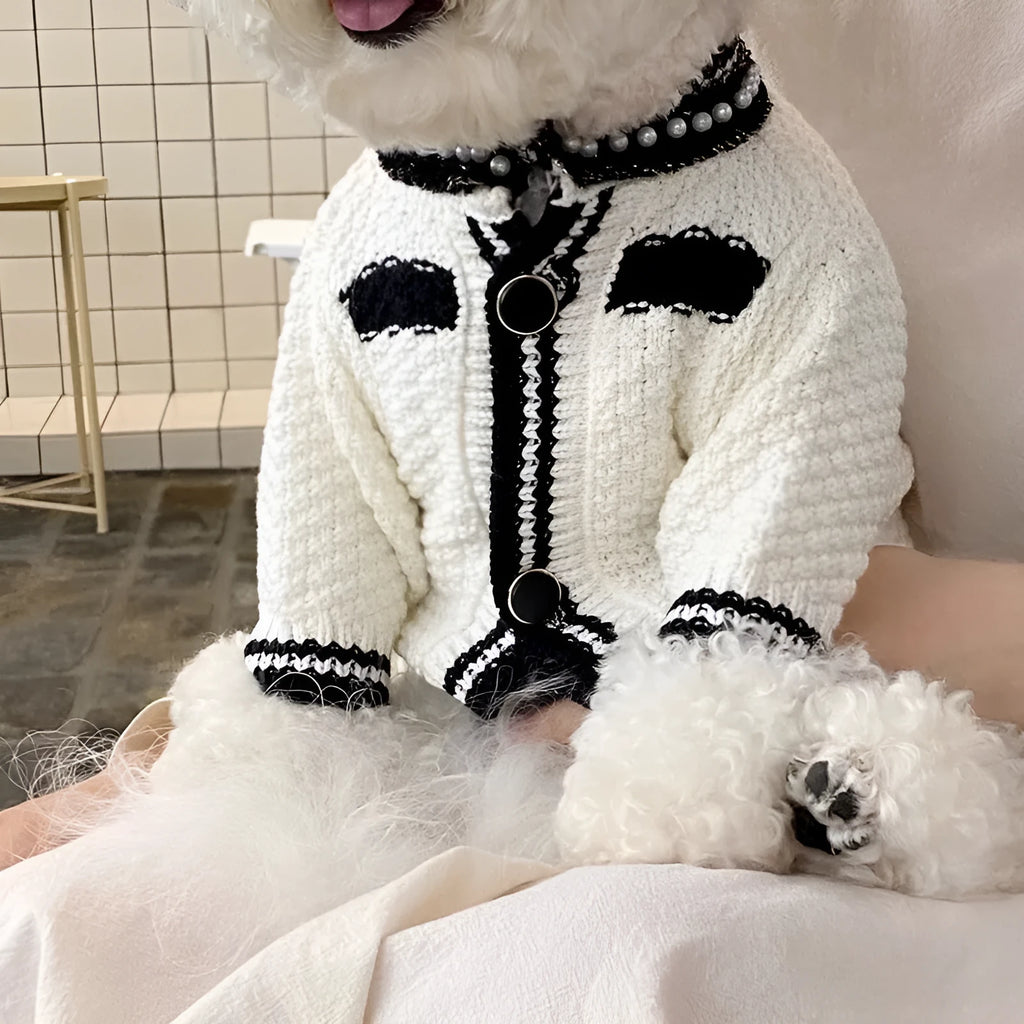 Korean style puppy sweater with pearl collar for small dogs, available in black and white