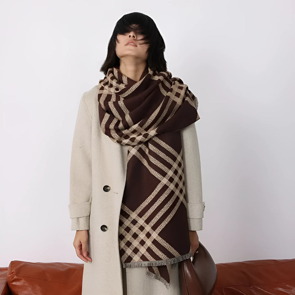 Long brown imitation cashmere scarf with tassel ends laid flat showing 185cm length