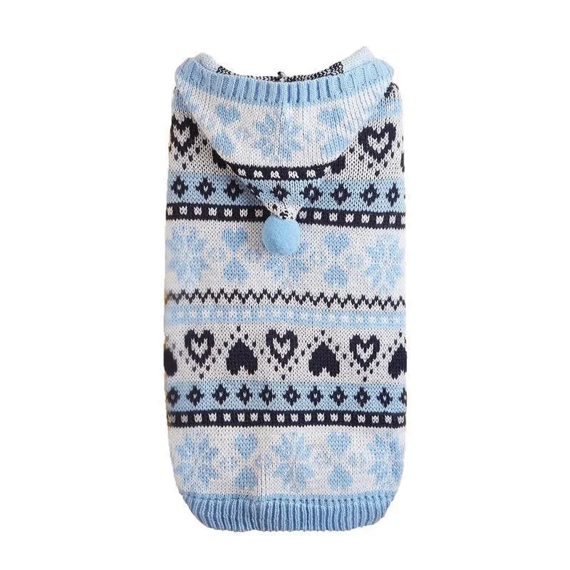 Acrylic knitted dog sweater with striped camouflage pattern and snowflake designs in pink, blue, or grey