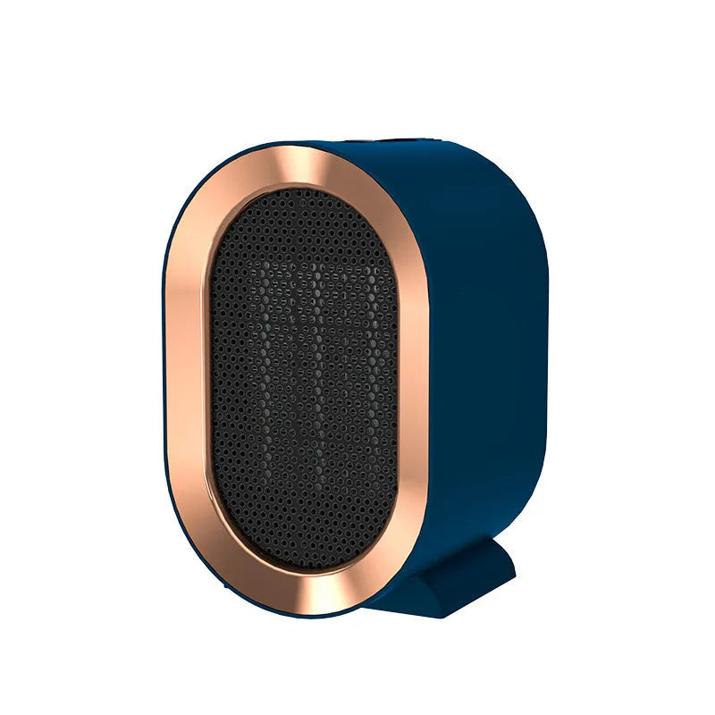 Desktop electric fan heater with a casting shell, showing mechanical dial and available in black, blue, green, or white.