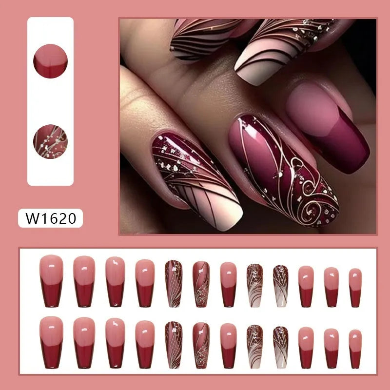 French line pattern fake nails with glue adhesive in simple European and American style
