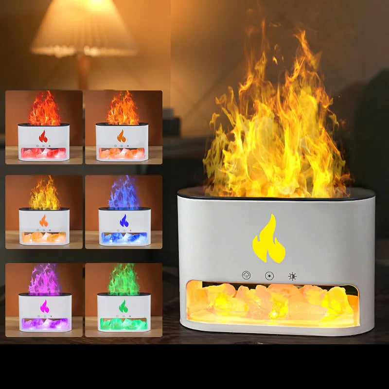 New Flame Humidifier with 3D simulation flame light and crystal salt stone on a desktop