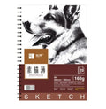 A4 artist sketch book showing coil bound, glue bound pad, and flip book binding options on a table with pencils.