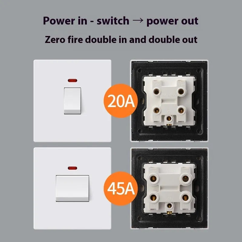 Curved rack high-power switch with light panel in gold, grey, or white for 25A/45A water heater and air conditioner circuits
