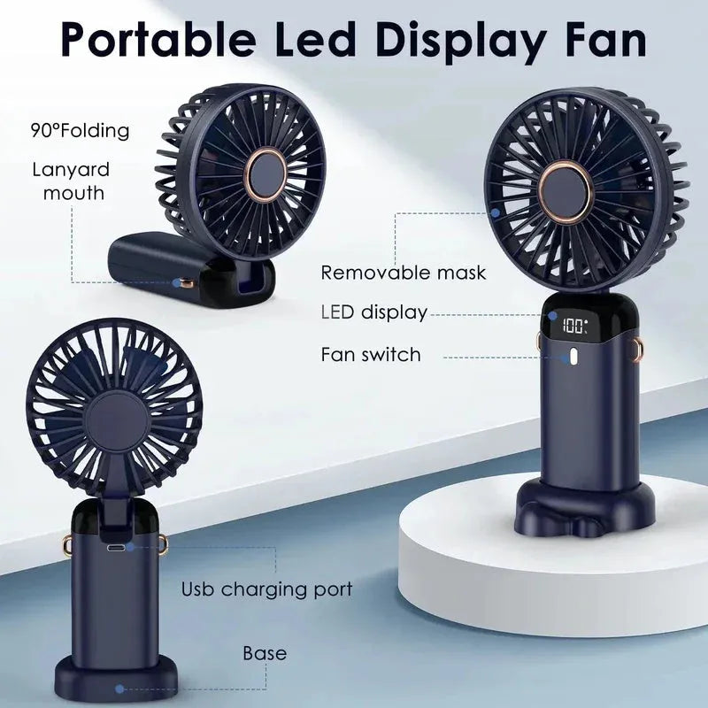 USB rechargeable mini portable fan in blue with 5 speed settings and digital display
