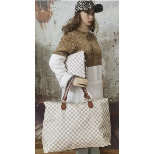 Women's fashion travel bag large capacity 22 inch PU leather plaid holdall in blue with small bag