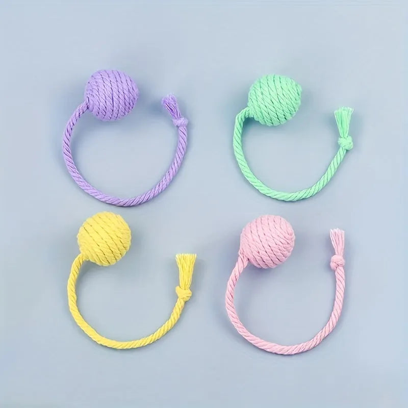 Cat toy ball with rope and bell in green, pink, purple, or yellow colour, small 3cm or medium 6cm size