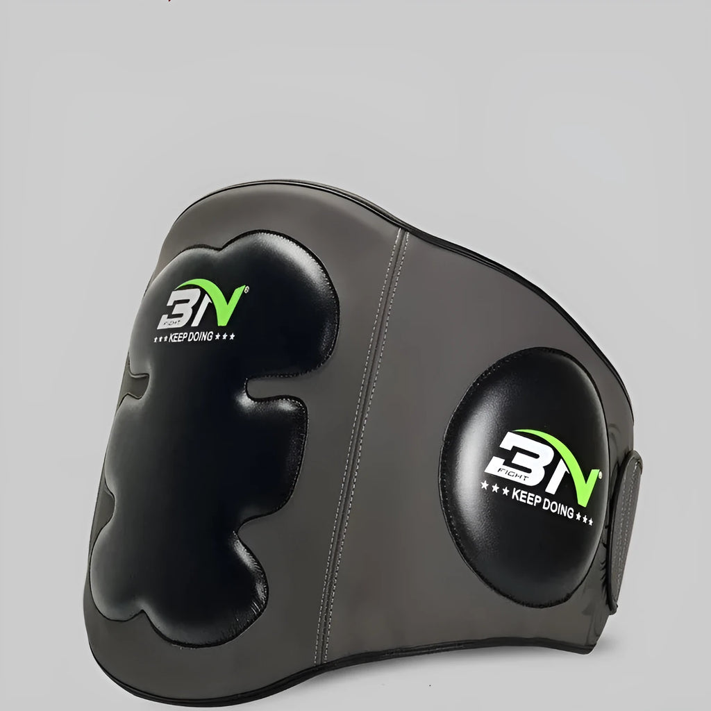 Dark grey Sanda boxing chest protection target with thick padding and waist support strap.