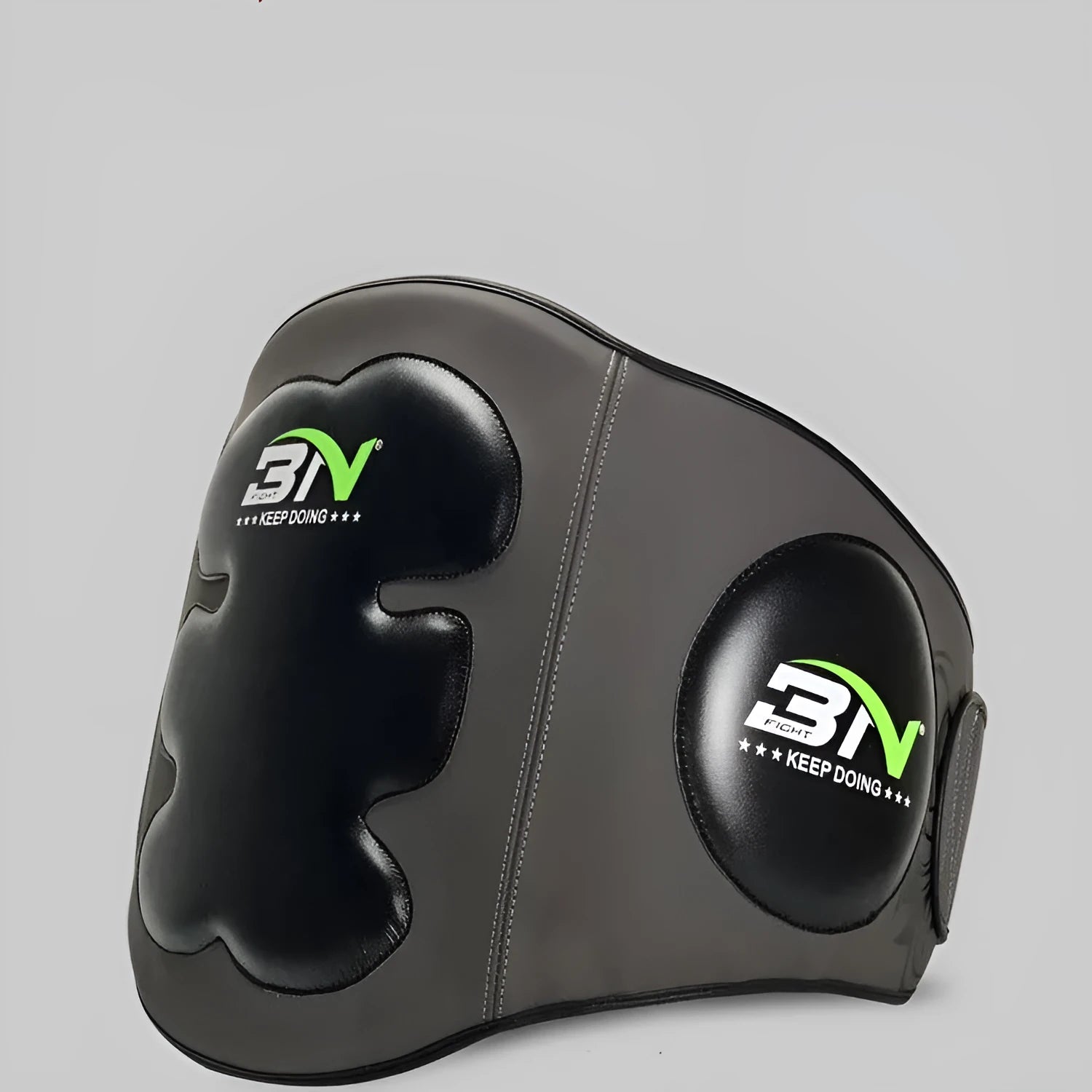Dark grey Sanda boxing chest protection target with thick padding and waist support strap.