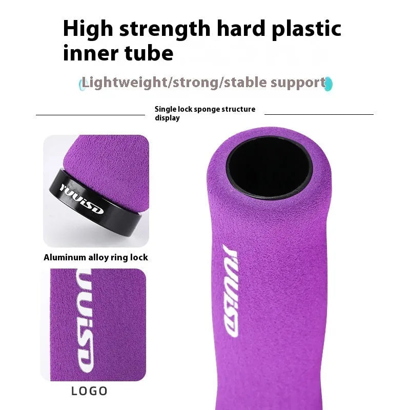 Mountain bike soft sponge handle covers in black, purple and biange colours showing ultra-light 41g design