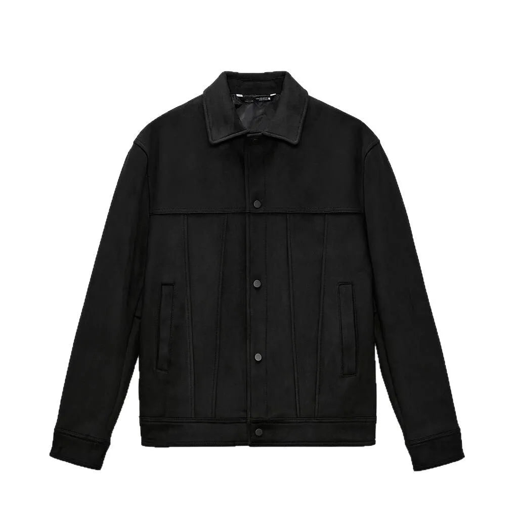 Black men's hooded jacket with suede collar and straight hem design