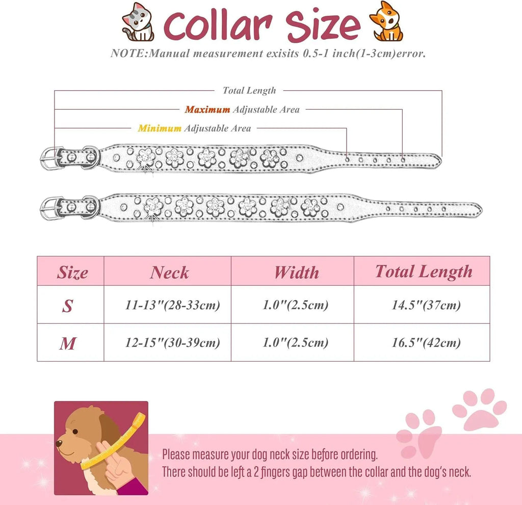 Black PU leather dog collar with silver rhinestone flower pattern and studs, shown on a small dog.