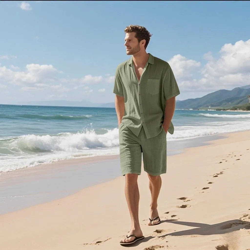 Men's linen blend short sleeve shirt and shorts casual beach set in army green.