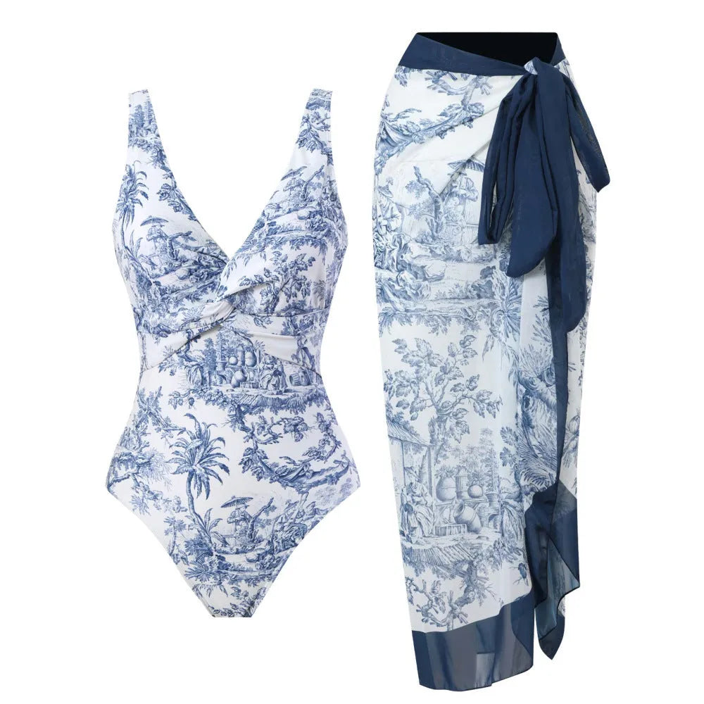 Women's yellow floral vintage print one-piece swimsuit with short sleeves on a mannequin.