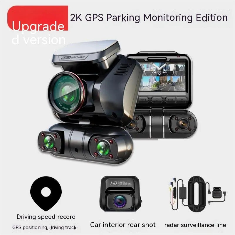 Multi-lens car dashboard camera with 2-inch screen and compact plastic housing for vehicle recording