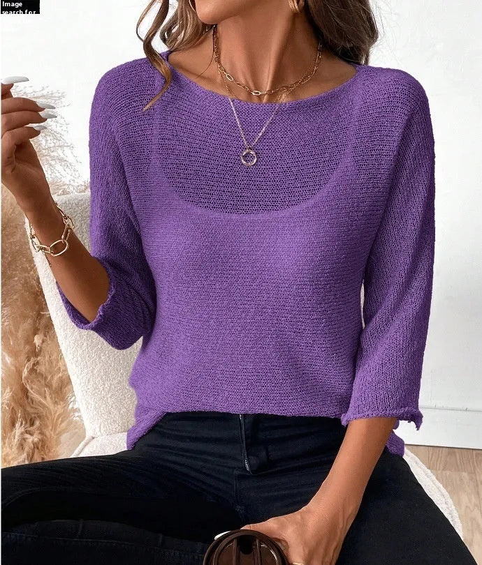 Women's knitted off-shoulder top in thin polyester fabric with 3/4 sleeves and 3D pattern